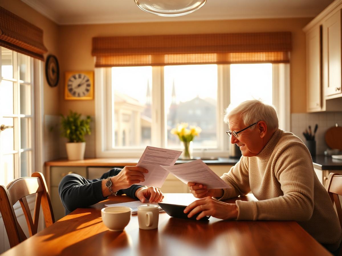 A retired couple reviewing retirement income statements at their kitchen table