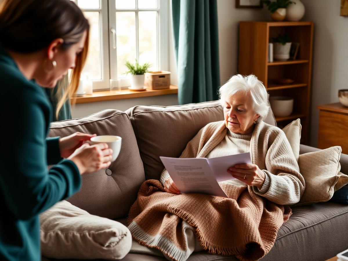 A senior woman recovering at home while a family member brings her tea