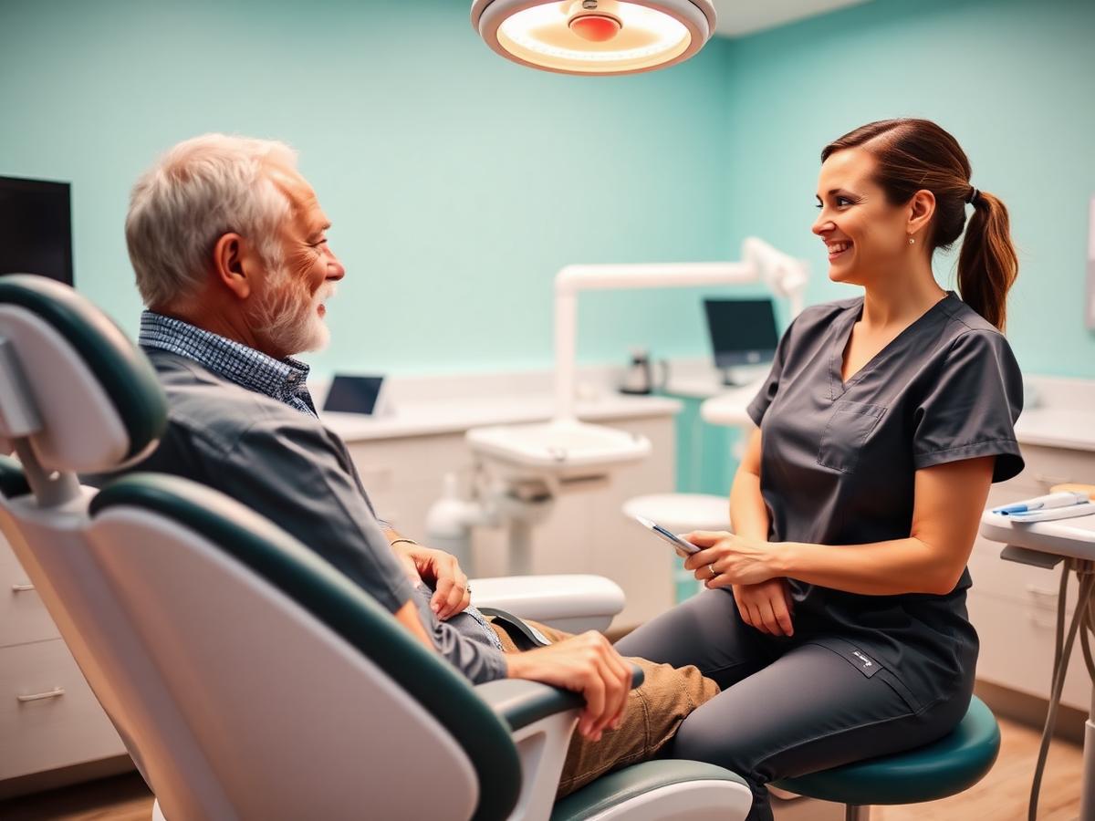 A smiling senior man talking with a dental hygienist at a routine visit