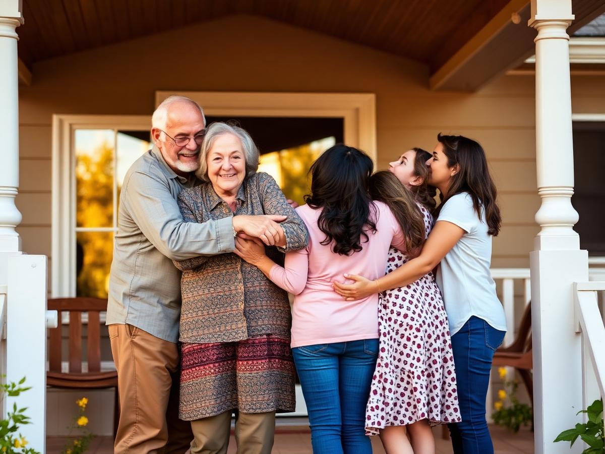 Grandparents embracing their adult children and grandchildren on a front porch