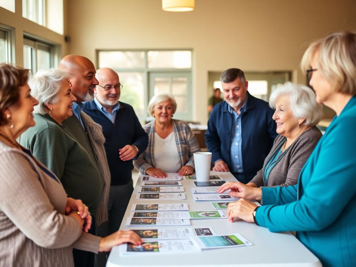 Seniors talking with a licensed Nu Life advisor at a community information table