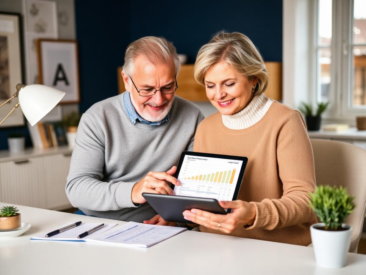 A couple reviewing an indexed universal life policy illustration on a tablet