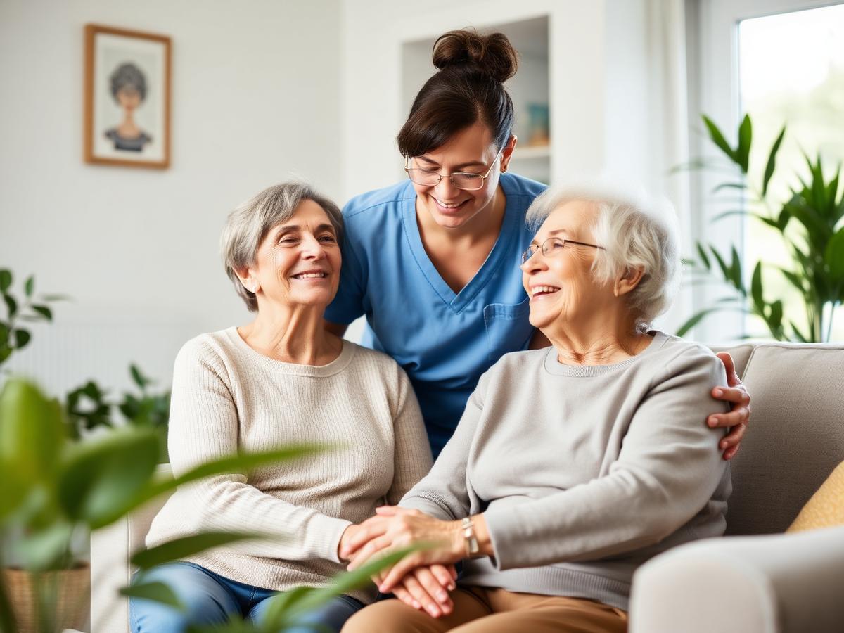 A caregiver assisting two smiling seniors in a bright living room