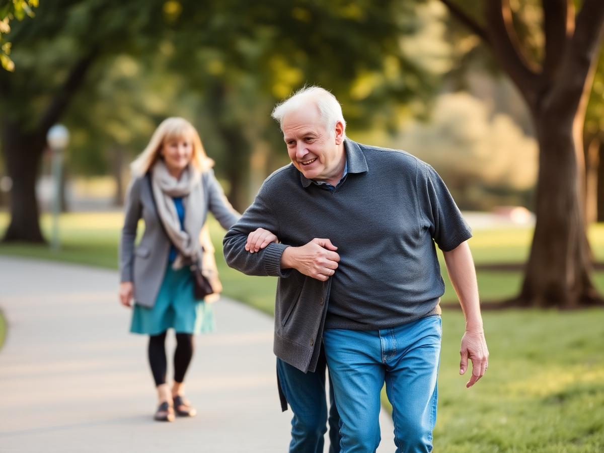 An older man walking outdoors with his daughter supporting him during recovery