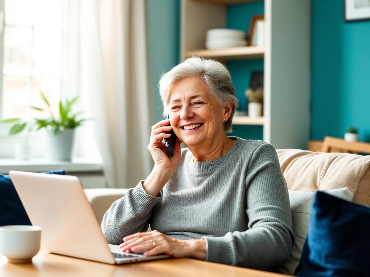 A smiling senior woman talking with a Medicare agent on the phone at home